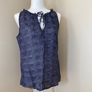 Ann Taylor LOFT Navy Blue White Geometric Print Sleeveless Tie Neck Blouse M